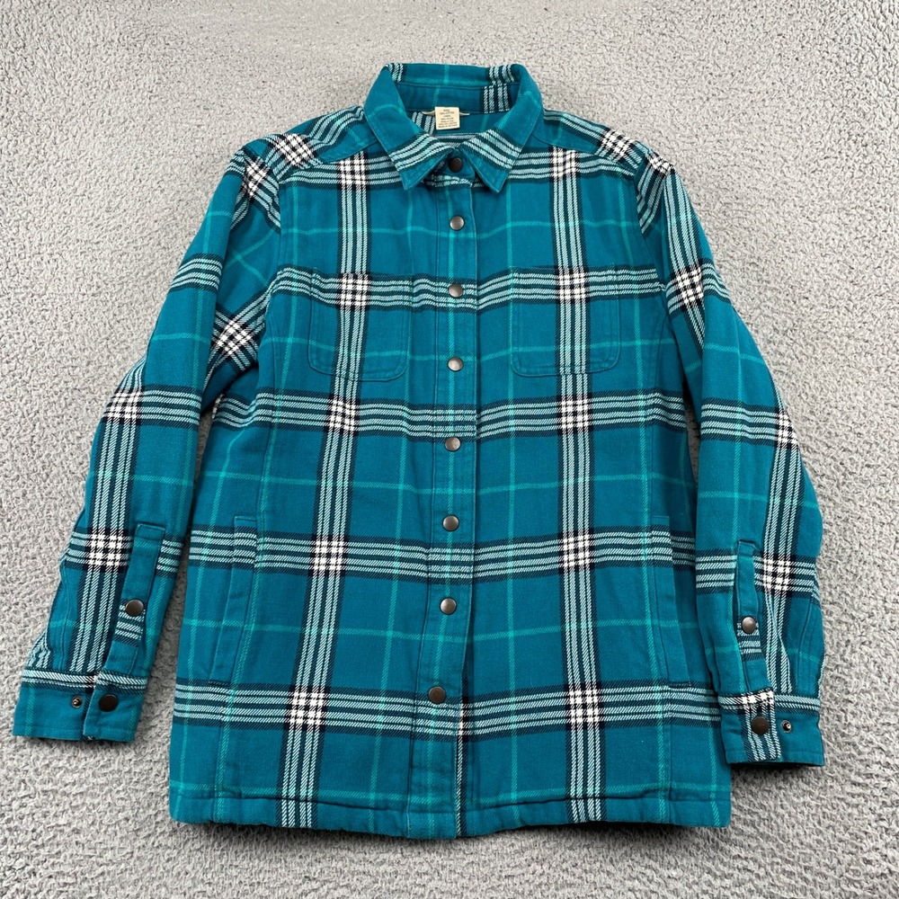 Duluth Trading Co Shirt Jacket Womens M Teal Plaid Quilted Lined Insulated Snap
